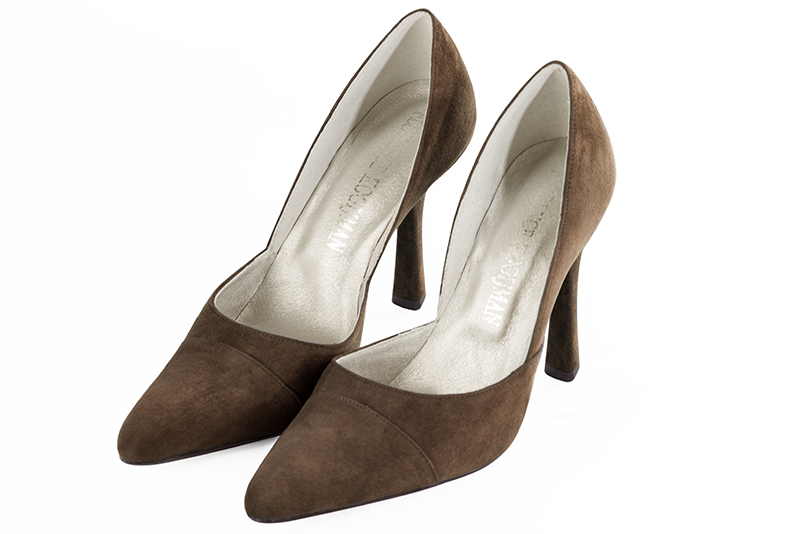 Chocolate brown women's open arch dress pumps. Tapered toe. Very high spool heels. Front view - Florence KOOIJMAN